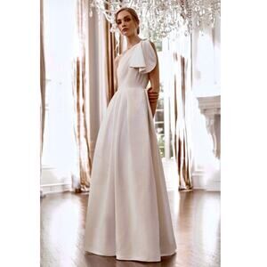 Sachin & Babi Martina One-Shoulder Gown Jeweled Wedding Dress white size 8